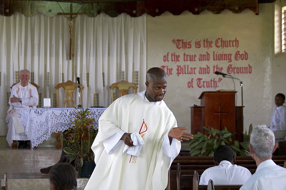 Jamaica. Father carl clark preaching at sunday mass in the catholic church at seaford town