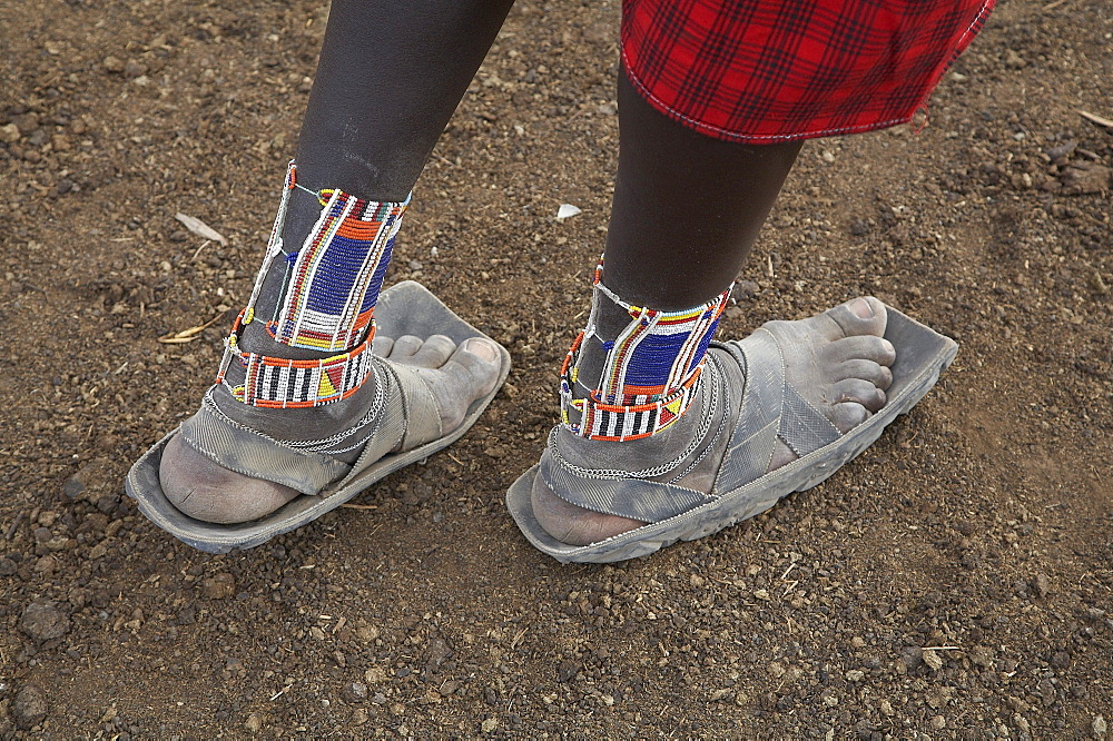 Kenya. Detail of sandals worn by a masai man, masai village within the amboseli national park