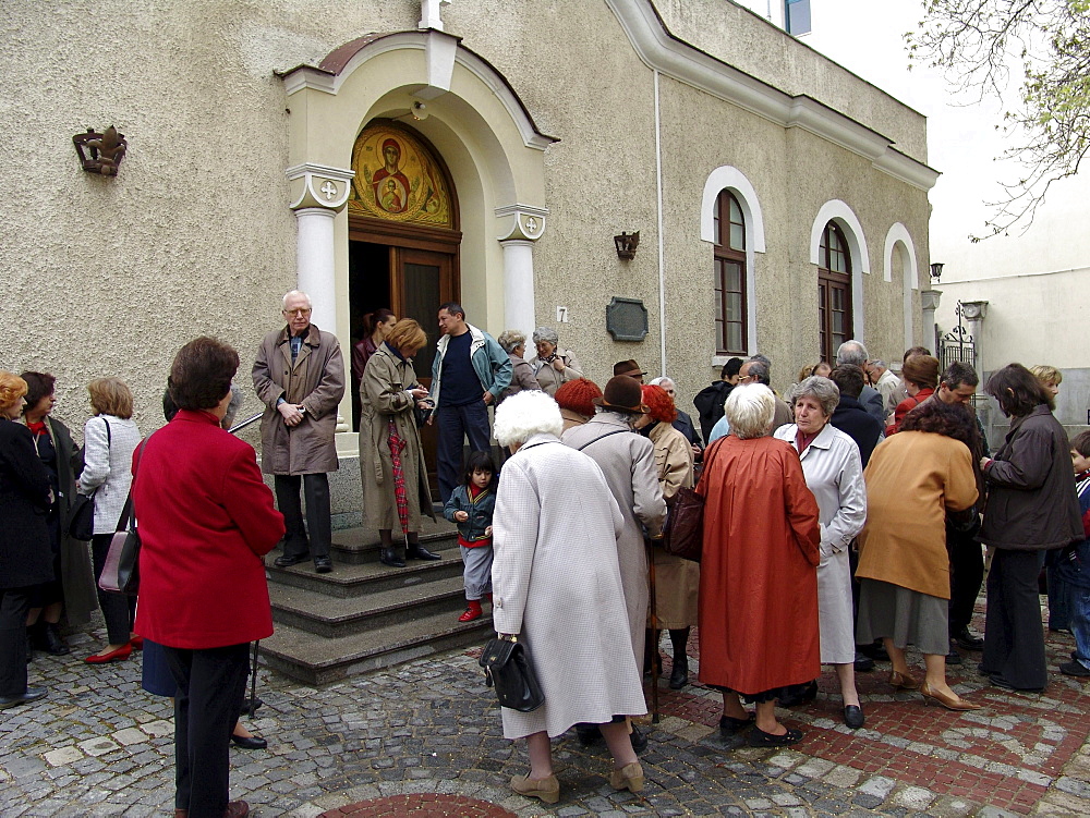 Religion, bulgaria. Congregation outside the byzantine catholic assumption church, sofia