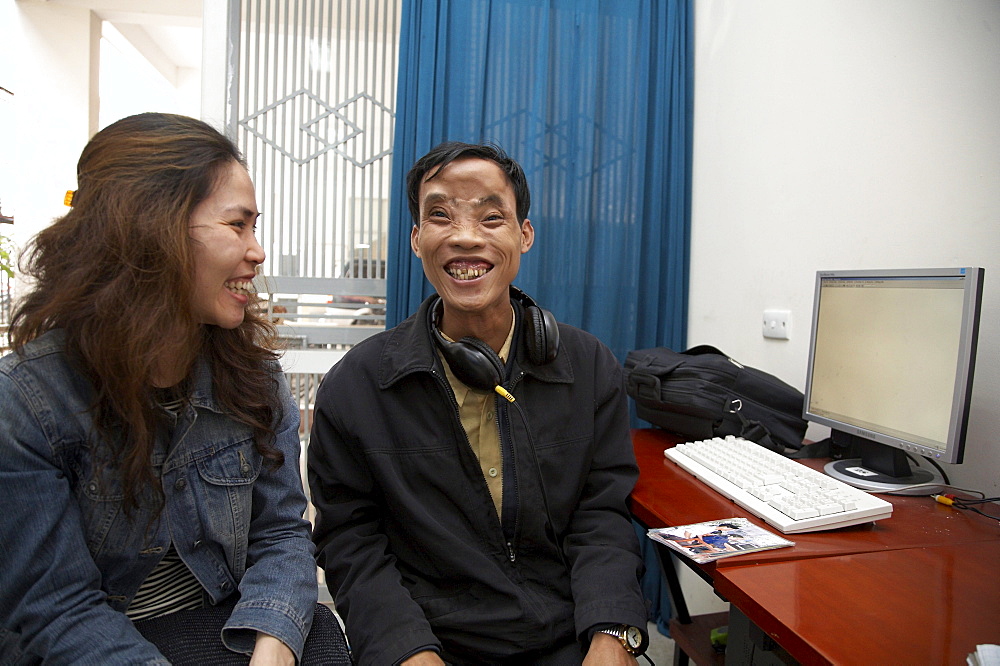 Vietnam crs (catholic relief service) work with people with disabilities extends into the college system with a project of inclusive education. at the hanoi college of it, shown here, there are 25 students with disabilities and 15 visually impaired. crs provides special mobility equipment such as wheelchair ramps, and with a joint grant shared by other funding agencies, provided an elevator at the college (seen here), so that wheelchair bound students could move easily to other floors of the building