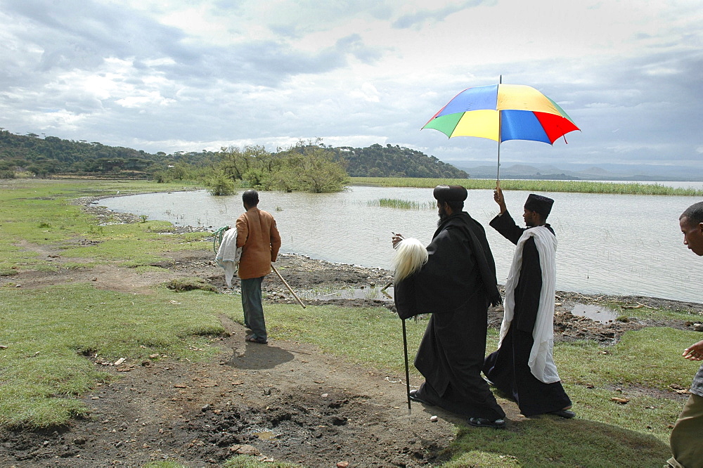 Religion, ethiopia. Archbishop gregorius visiting tullo gudo island and monastery of debre zion, lake ziway