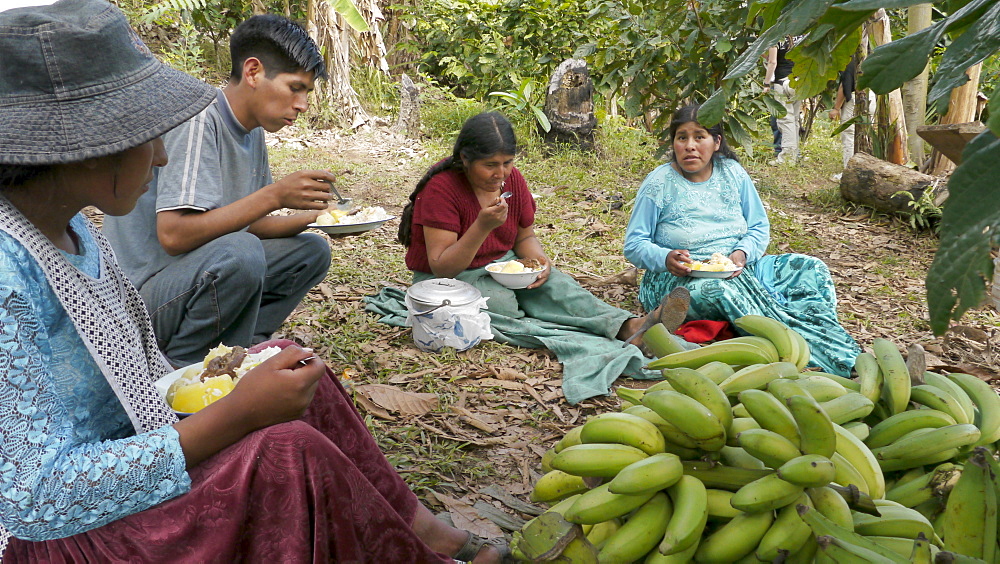 BOLIVIA ECOTOPS projects in Alto Beni. Farmers stopping to eat lunch, Communidad Los Palmeros