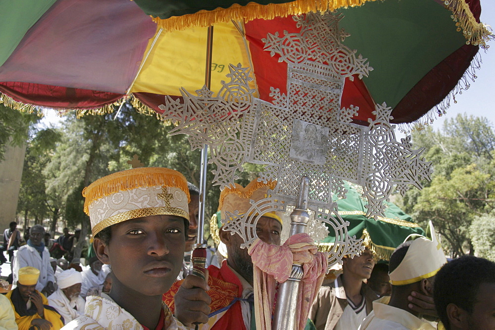 Ethiopia deacons holding crosses during feast of mary, axum