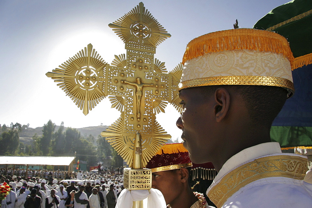 Ethiopia the maryam feast, feast of mary, at axum. Priests holding elaborate ethiopian crosses during the event