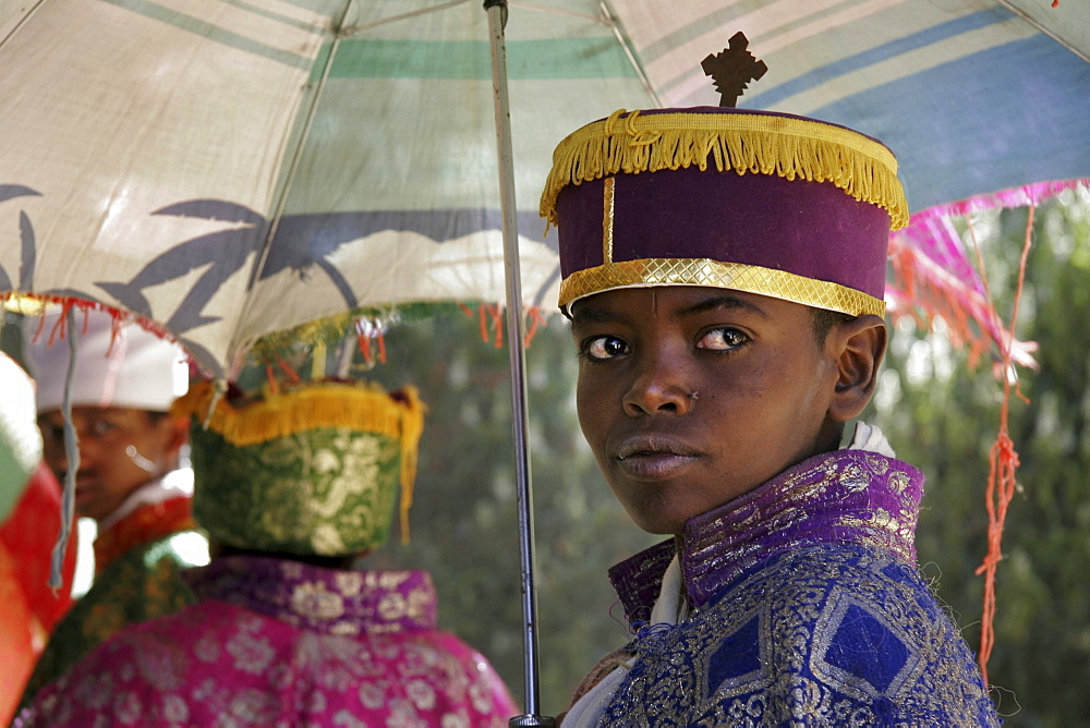 Ethiopia procession of monks at the abuna garima monastery, tigray, during the visit of his holiness, patriarch paulos, who used to be a monk at the monastery