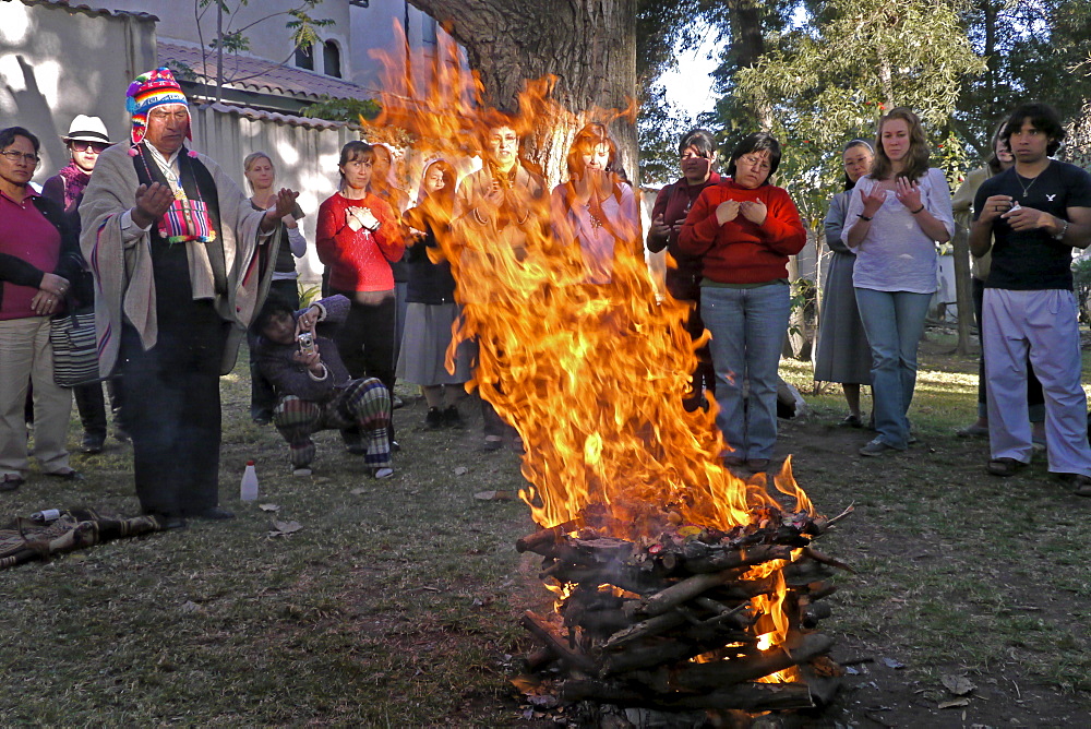 BOLIVIA Shamanist ceremony by Calixto Quispe performed at the Mission Institute of Cochabamba