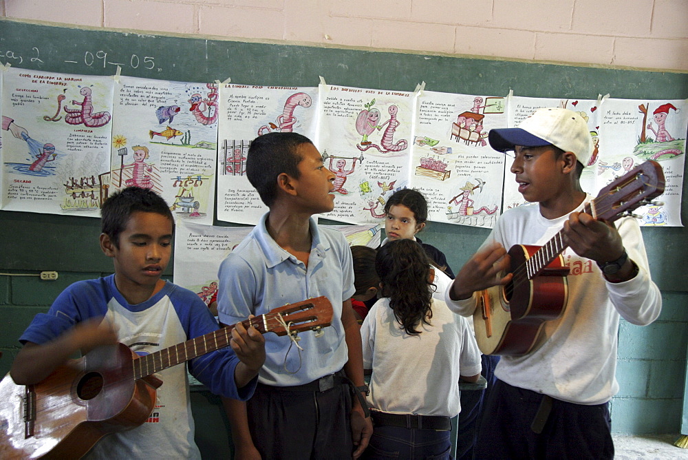 Venezuela teachers and children playing music, chamiza school, lara