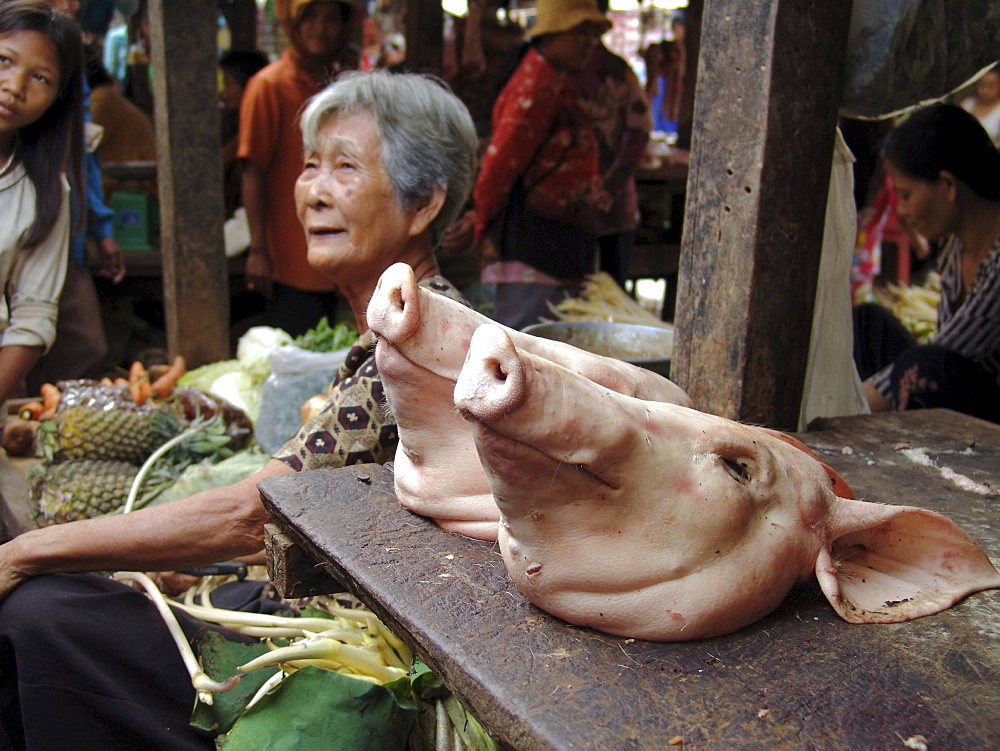 Cambodia pigs heads for sale, market, kampong thom town