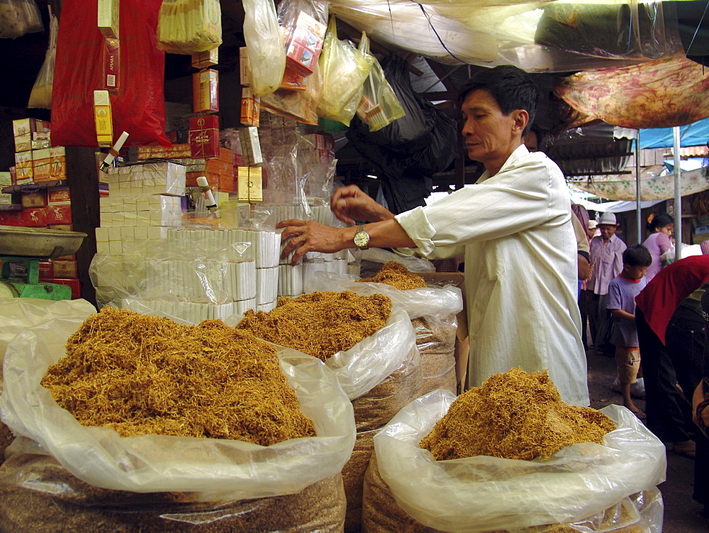 Cambodia tobacco seller, market, kampong thom town