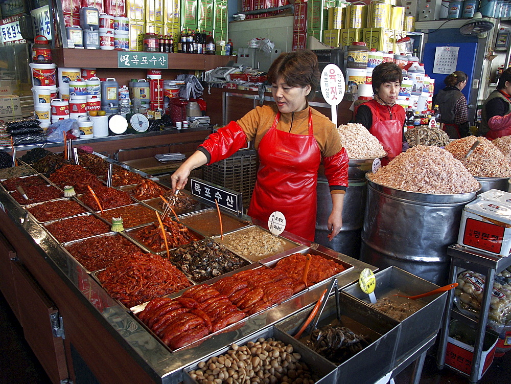 Korea - shrimps & kimchee on sale at karakan wholesale food market, seoul