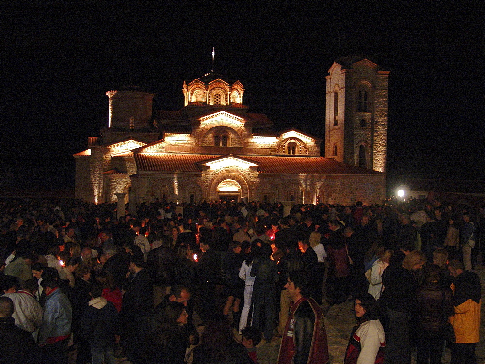 Macedonia (the former yugoslav republic of macedonia, fyrm) easter saturday night crowds in front of saint clement plaosnik church, ohrid