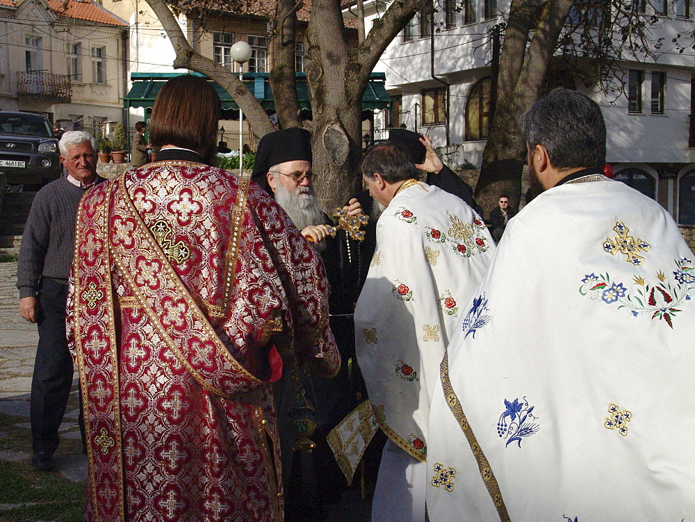 Macedonia (the former yugoslav republic of macedonia, fyrm) priests welcoming archbishop timotei at saint sofia church, ohrid