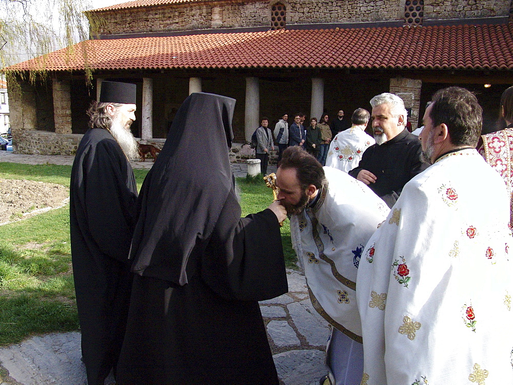 Macedonia (the former yugoslav republic of macedonia, fyrm) priests welcoming archbishop timotei at saint sofia orthodox church, ohrid