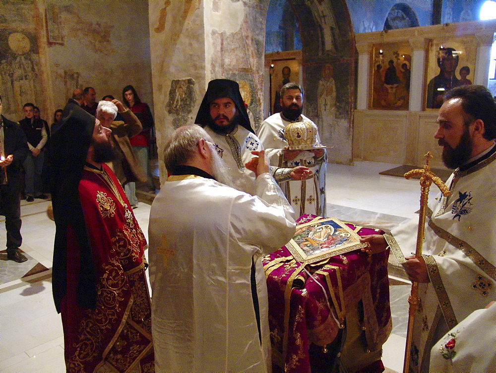 Macedonia (the former yugoslav republic of macedonia, fyrm) easter sunday service at saint sofia orthodox church, ohrid. Mass is lead by archbishop timotei