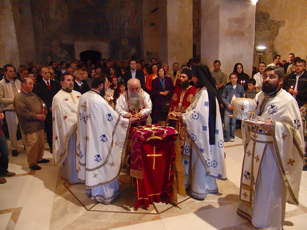 Macedonia (the former yugoslav republic of macedonia, fyrm) easter sunday service at saint sofia orthodox church, ohrid. Mass is lead by archbishop timotei