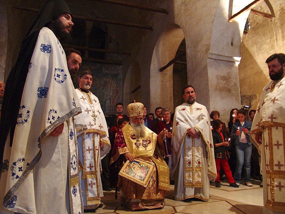 Macedonia (the former yugoslav republic of macedonia, fyrm) easter sunday service at saint sofia orthodox church, ohrid. Mass is lead by archbishop timotei, (wearing crown)