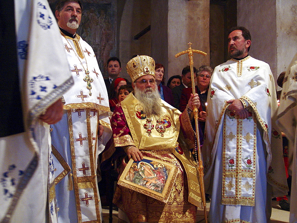 Macedonia (the former yugoslav republic of macedonia, fyrm) easter sunday service at saint sofia orthodox church, ohrid. Mass is lead by archbishop timotei, (wearing crown)