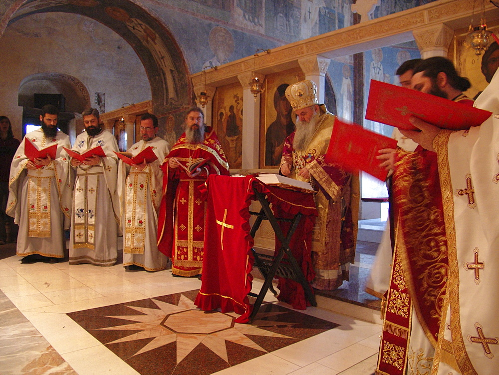 Macedonia (the former yugoslav republic of macedonia, fyrm) easter sunday service at saint sofia orthodox church, ohrid. Mass is lead by archbishop timotei, (wearing crown)