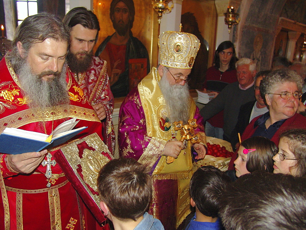 Macedonia (the former yugoslav republic of macedonia, fyrm) easter sunday service at saint sofia orthodox church, ohrid. Mass is lead by archbishop timotei, (wearing crown)