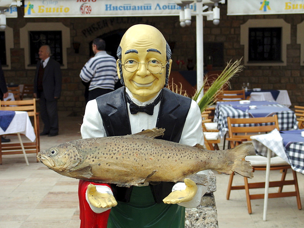 Macedonia (the former yugoslav republic of macedonia, fyrm) fish restaurant. The town of ohrid on the shore of lake ohrid. Ohrid is famous for its trout from the lake