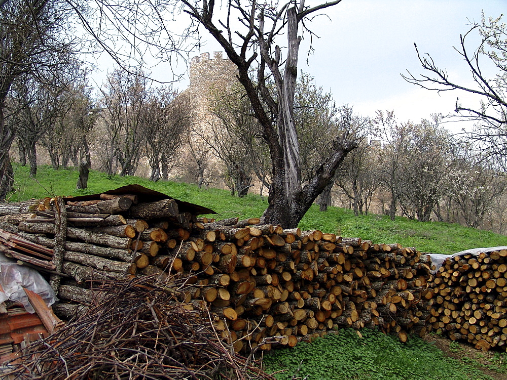 Macedonia (the former yugoslav republic of macedonia, fyrm) woodpile near castle. The town of ohrid on the shore of lake ohrid