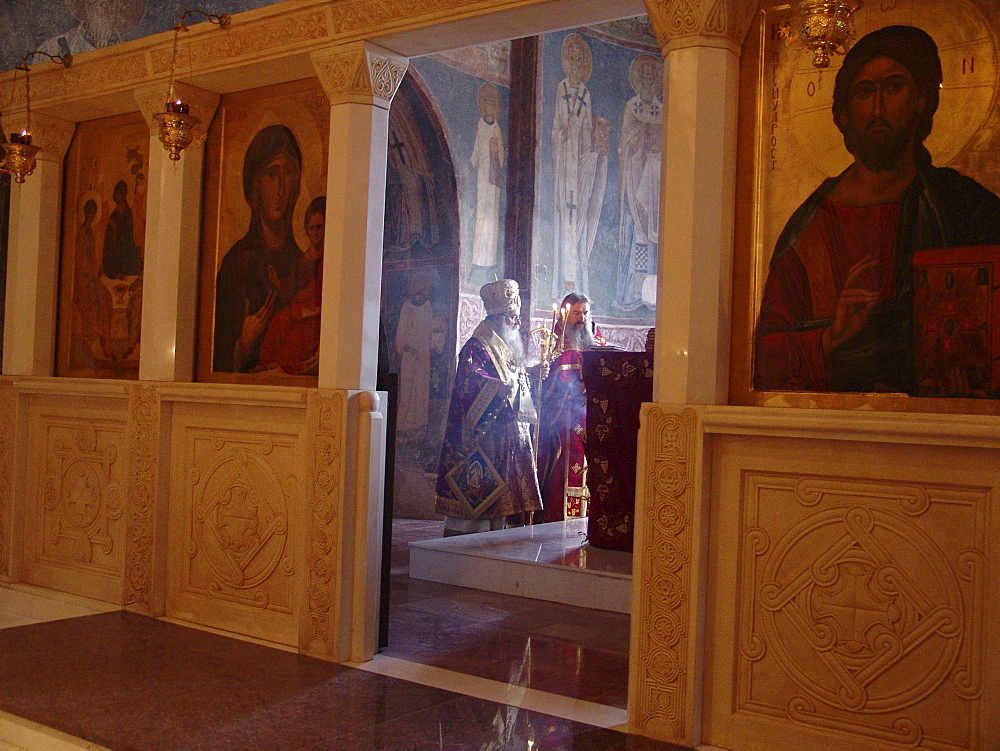 Macedonia (the former yugoslav republic of macedonia, fyrm) easter sunday mass led by archbishop timotei (old man with beard). Saint sofia orthodox church, ohrid