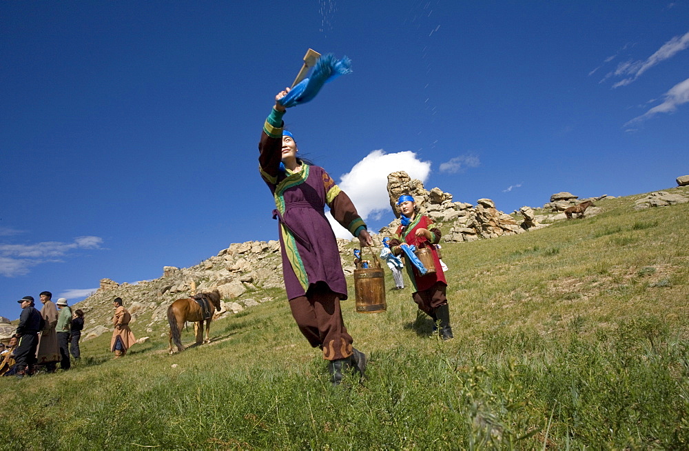 Horse milk is sprinkled into the four directions, as offerings to the nature spirits of the area, the sadak, or ?owners Of the earth.? Sometimes vodka is used instead, or as well. Milk is sacred to the mongol shamans, who believe that life on earth is descended from beings who originally came here on winged horses. Here two young female shamans make the offering in a ritual manner. Countryside mongols make this offering every morning on waking up; they usually also offer smoke, that the wind carries around the world as a prayer for harmony and prosperity. 13th century national park, tov province, mongolia. 13th century national park comprises chinggis khan's giant statue museum and live museum "town from 13 century". The ancient nomadic mini kingdom is located in the distance of 130 km east of ulaanbaatar in area of erdene zuu of tov province. It takes 2 hours driving on paved road. In the live 13th century kingdom one will see and experience the authentic lifestyle of mongols, who were lived in powerful mongol empire?s Period. This place gives you a same feeling that famous traveler marco polo and william rubruck felt once upon time