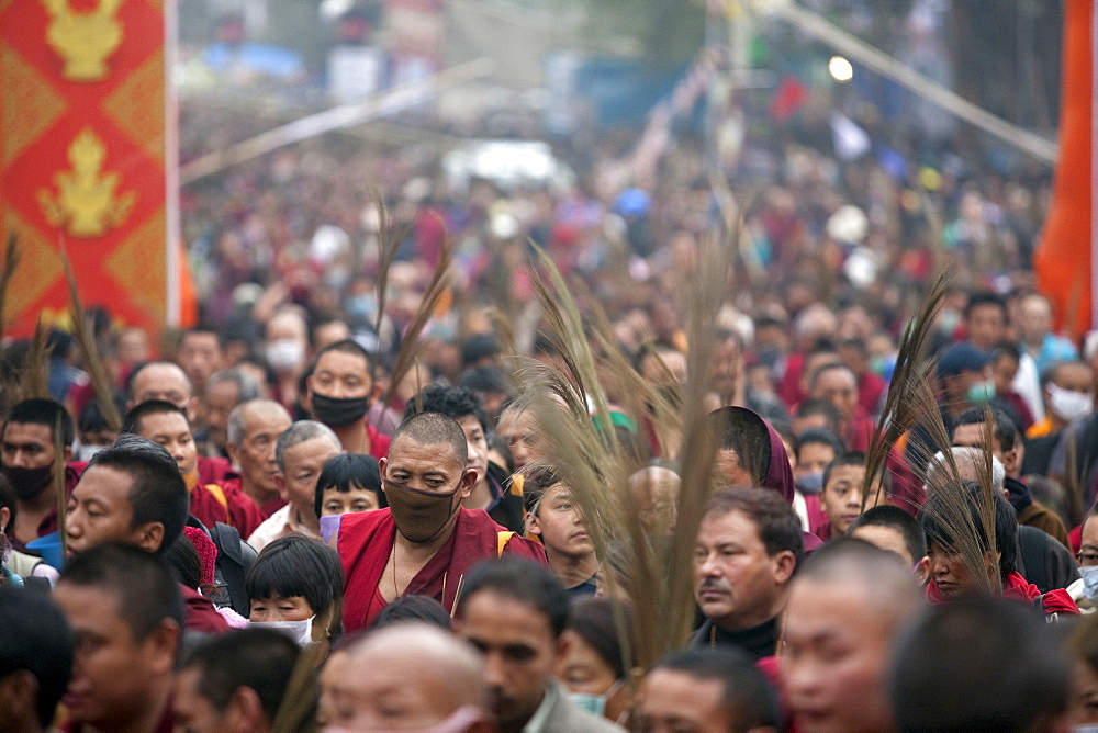 Tens of thousands of buddhist pilgrims from around the world traveled to bodhgaya, a town in northern india, to hear exiled tibetan spiritual leader hh dalai lama give the kalachakra-religious teachings. Pilgrims walk through the entrance banner at main temple in bodhgaya. They carry kusha grass for offering. Kalachakra initiation in bodhgaya, bihar, india  