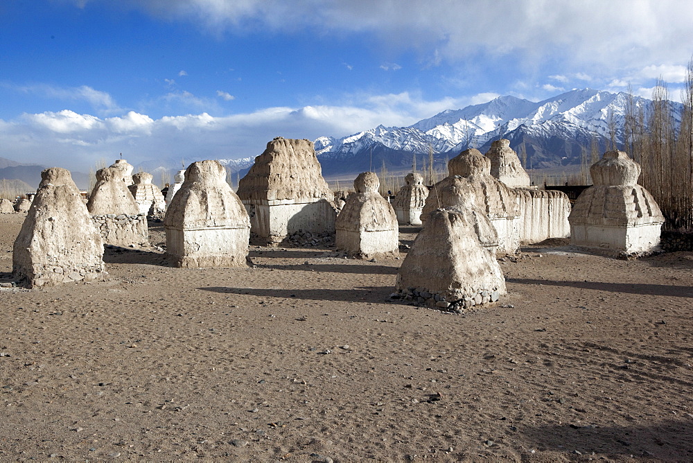 Elemental forms of chortens in the valley of chortens below Shey. The king had ordered prisoners to build chortens for merit. Shey, Ladakh, India