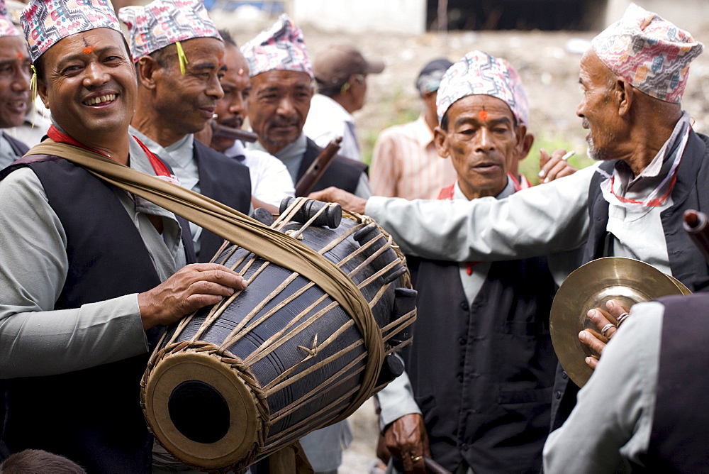 Newars, the dominant clan of Kathmandu Valley, playing traditional music. Bhaktapur, Nepal