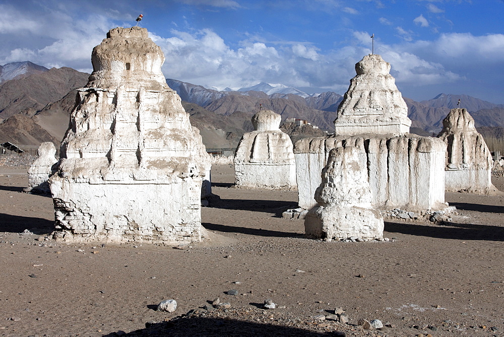 Elemental forms of chortens in the valley of chortens below Shey. The king had ordered prisoners to build chortens for merit. Shey, Ladakh, India