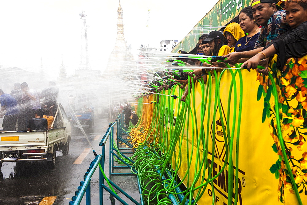 Thingyan, Burmese New Year Water Festival celebration in Yangon (Rangoon), Myanmar (Burma), Asia