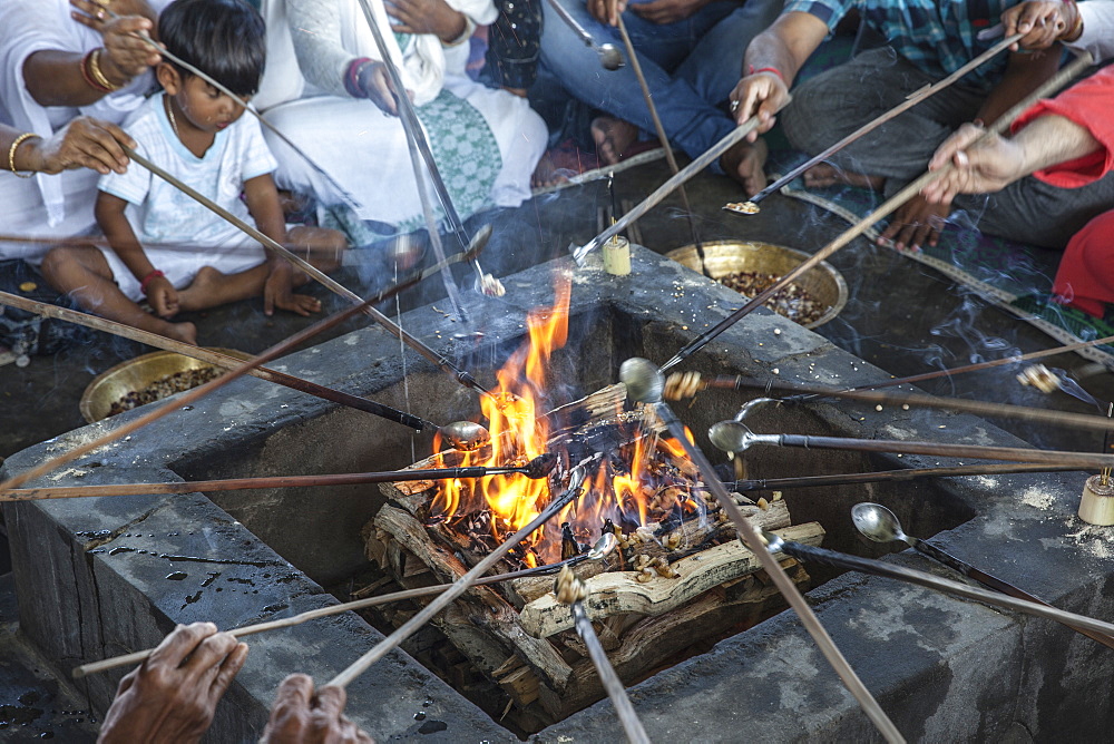 Hawan (offering to fire god) at Karbi Anglong District Brahma Dharma Jyoti Mondir, Langhin Manikpur, Assam, India, Asia