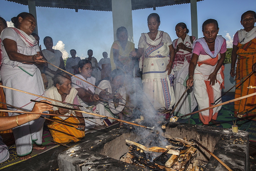 Hawan (offering to fire god) at Karbi Anglong District Brahma Dharma Jyoti Mondir, Langhin Manikpur, Assam, India, Asia