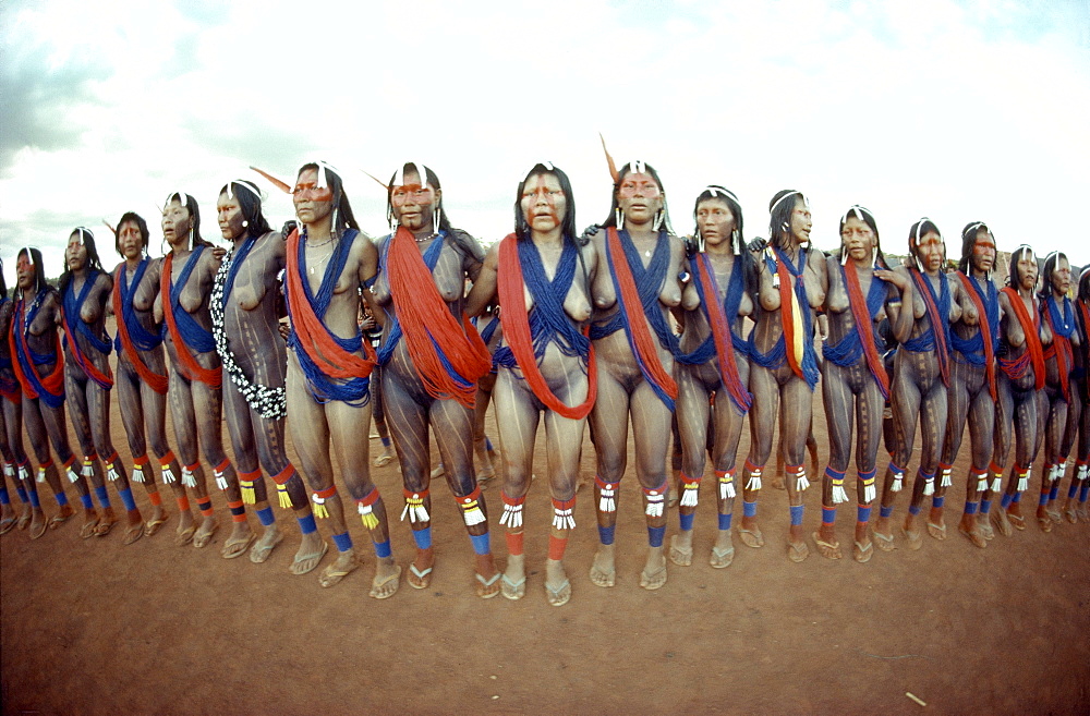 Kayapo women dancing traditional dances, brazil,amazon