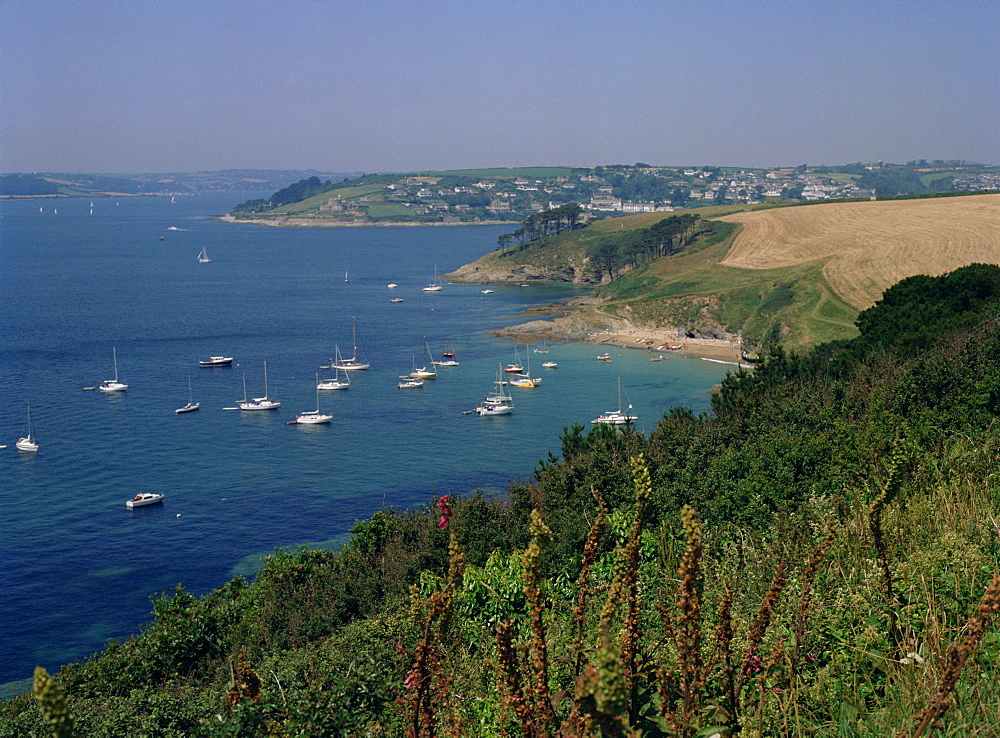 St. Mawes, mouth of River Fal, from St. Anthony headland, opposite Falmouth, Cornwall, England, United Kingdom, Europe