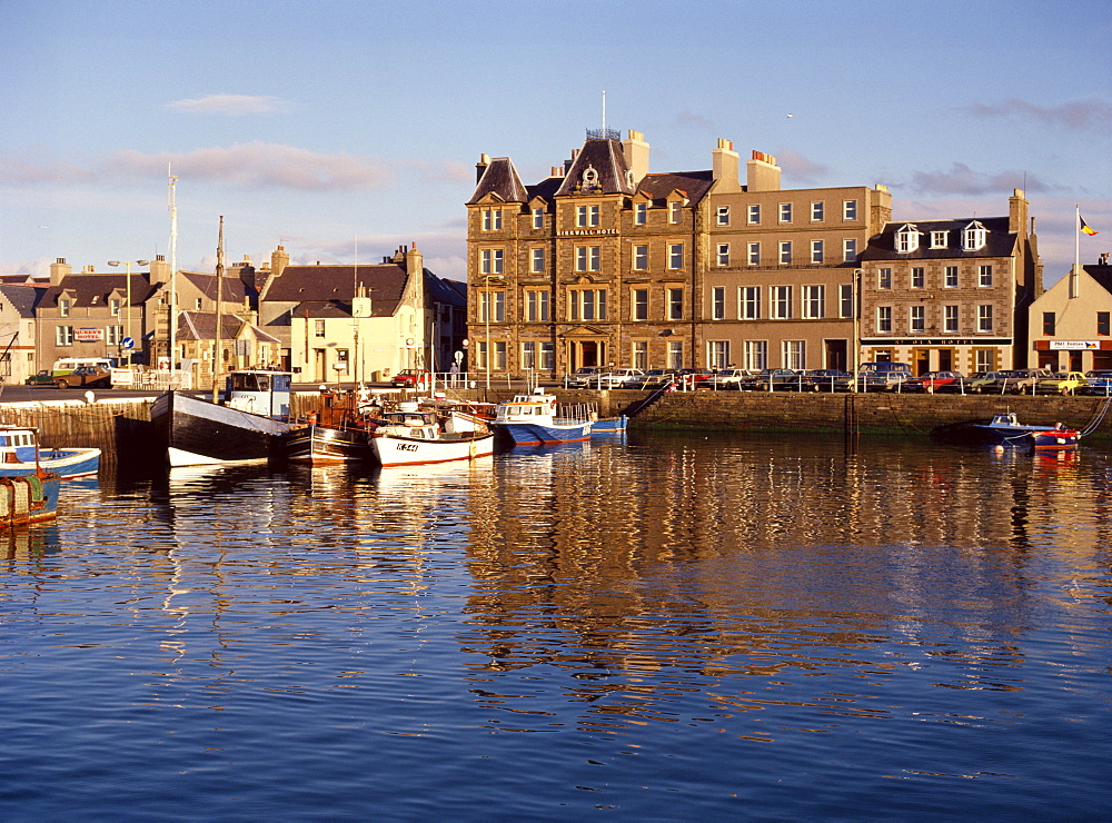 Boats in Kirkwall harbour at dusk, Orkney Isles, Scotland, United Kingdom, Europe