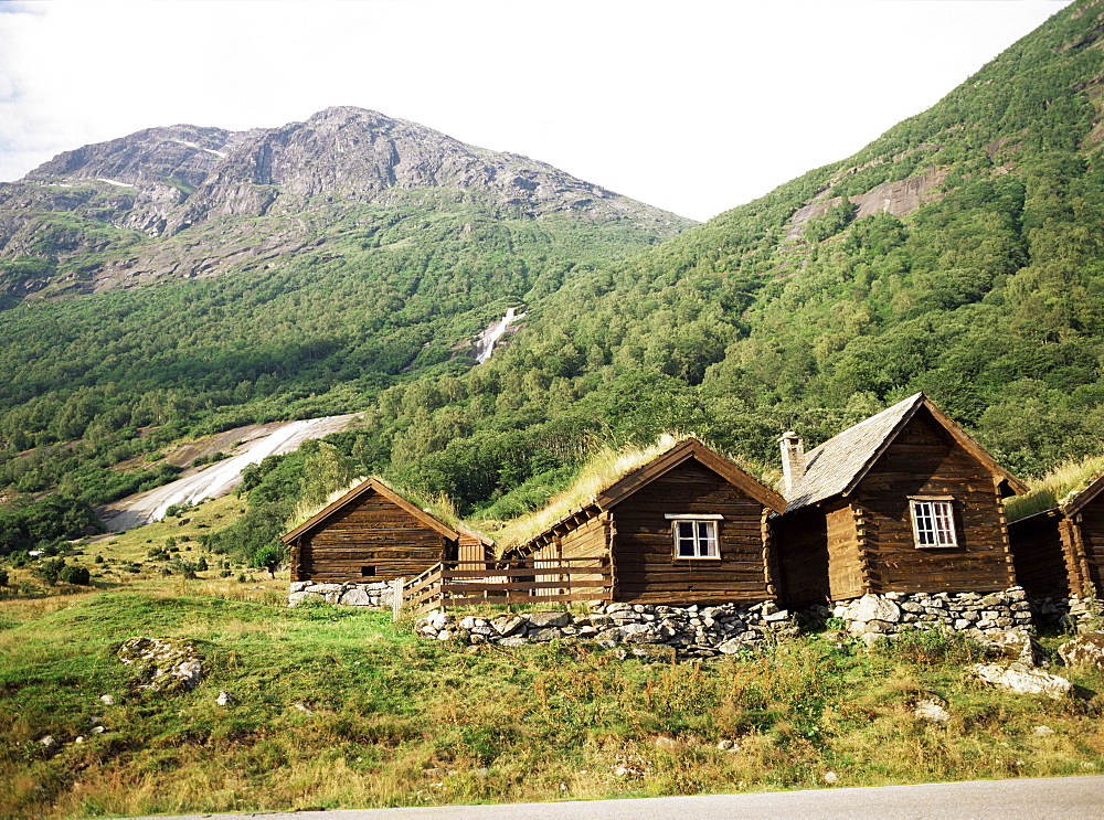 Restored old farm buildings near Loen, Olden, Norway, Scandinavia, Europe