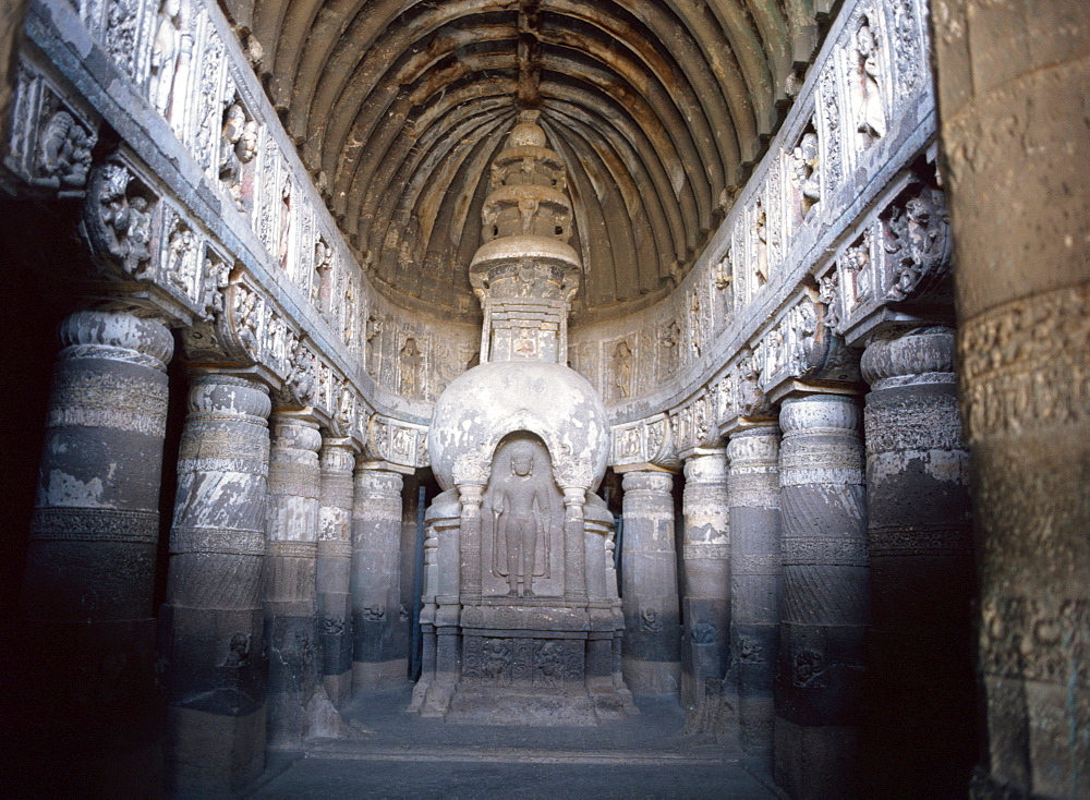 The finely carved late 5th century Buddhist Chaitya Hall, Cave 19, Ajanta Caves, UNESCO World Heritage Site, Maharashtra state, India, Asia