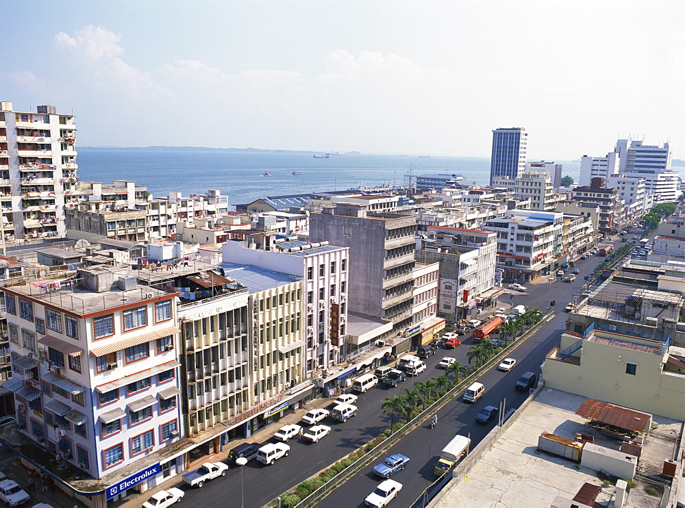 Low aerial view of the main street of Sandakan, Sabah, Malaysia, Southeast Asia, Asia