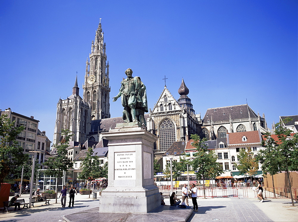 Statue of Rubens, cathedral, and Groen Plaats, Antwerp, Belgium, Europe