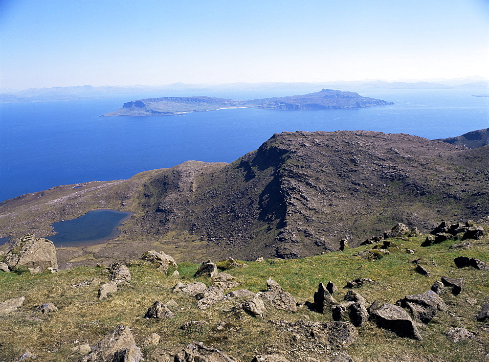 View to Isle of Eigg, from Hallival, Isle of Rum, Inner Hebrides, Scotland, United Kingdom, Europe