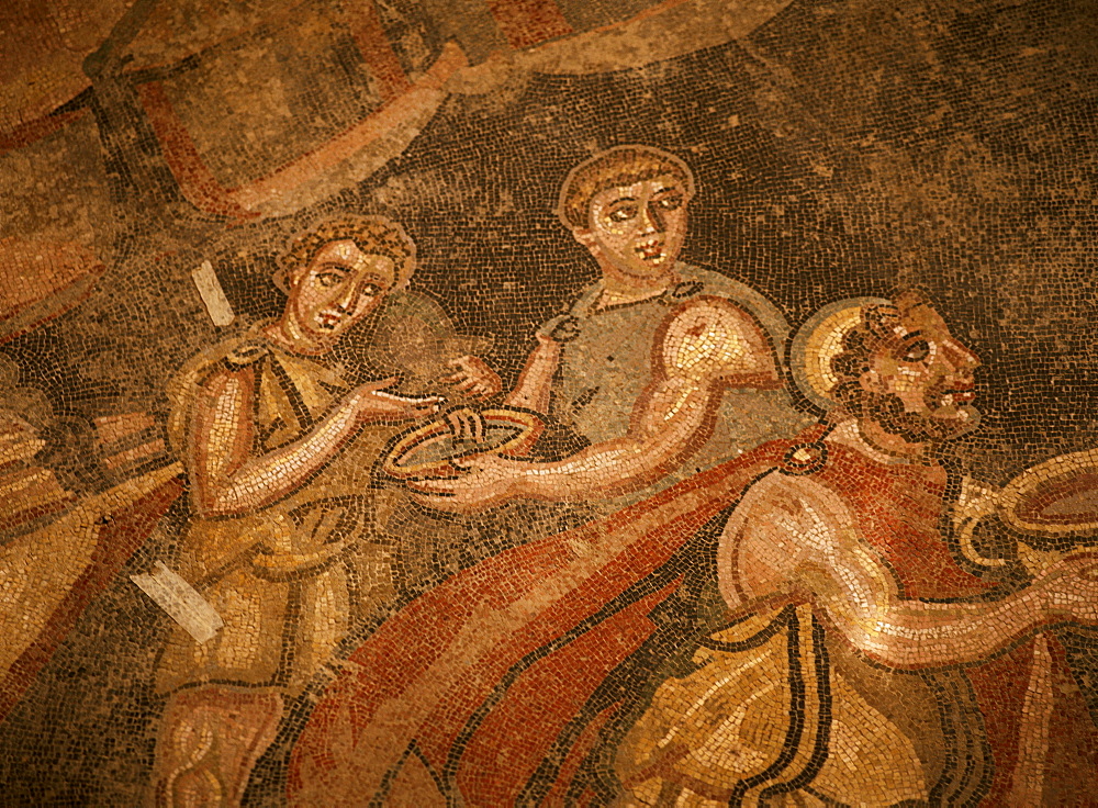 Mosaic, Ulysses and Polyphemus, dating from the 4th century AD, Villa Romana del Casale, near Piazza Armerina, Sicily, Italy, Europe