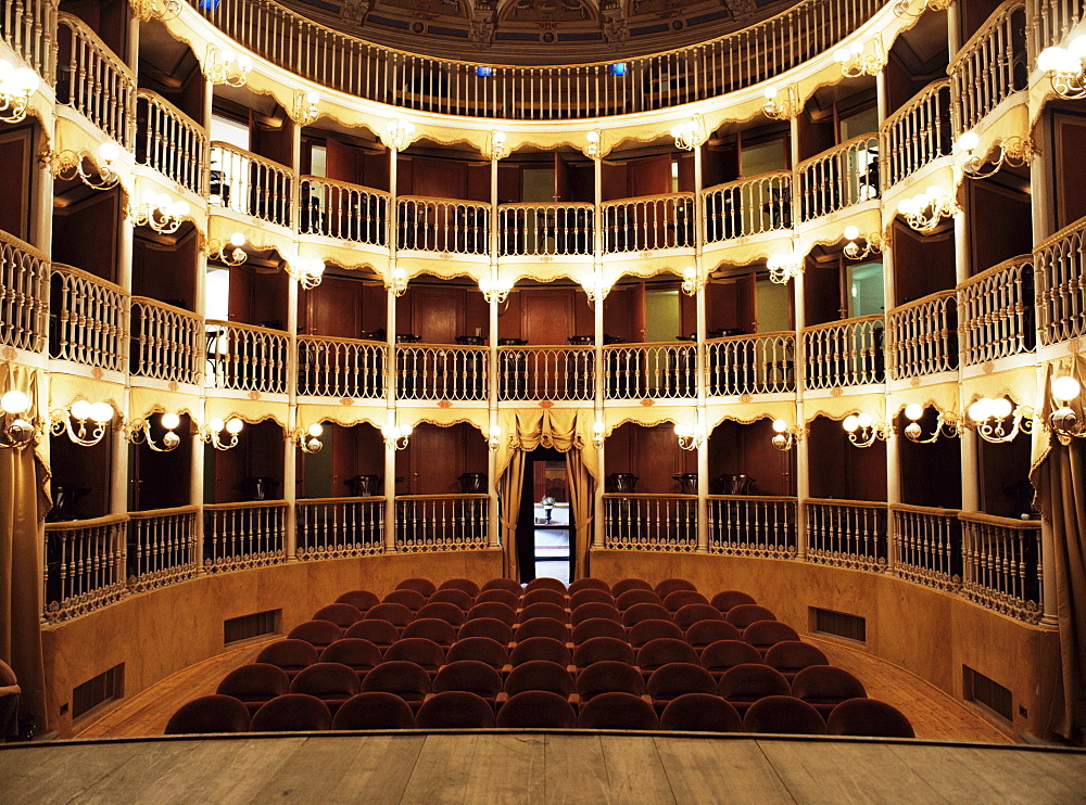 Teatro Torti, recently restored 19th century theatre, within the Gothic shell of former Palazzo dei Consoli, Bevagna, Umbria, Italy, Europe