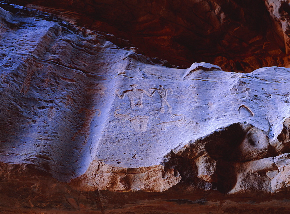 Rock drawings of Thamudic origin, relating to ancient tribe of Thamud, 3rd century BC to 2nd century AD, in canyon of Jebel Khazali, south of Rum village, Wadi Rum, Jordan