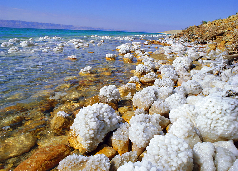 Eastern shore of the Dead Sea, with salt concentration of over 20% sodium chloride (also rich in magnesium, calcium and potassium chlorides, Jordan