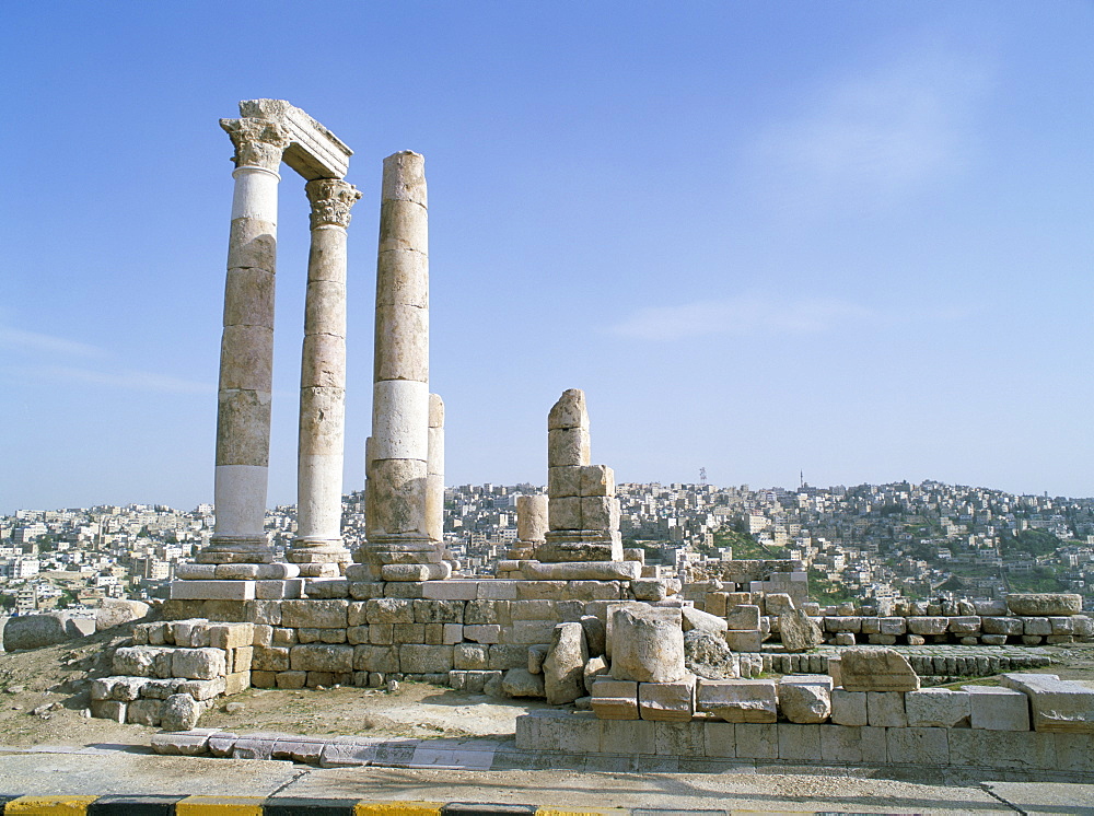 Columns of a Roman temple, probably of Hercules, dating from 161-166 AD, on the Citadel at Amman, Jordan, Middle East