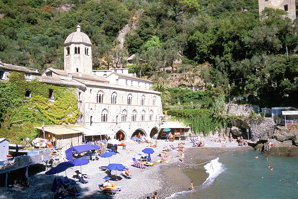 Beach and Benedictine abbey of San Fruttuosa, headland of Portofino, Liguria, Italy, Europe