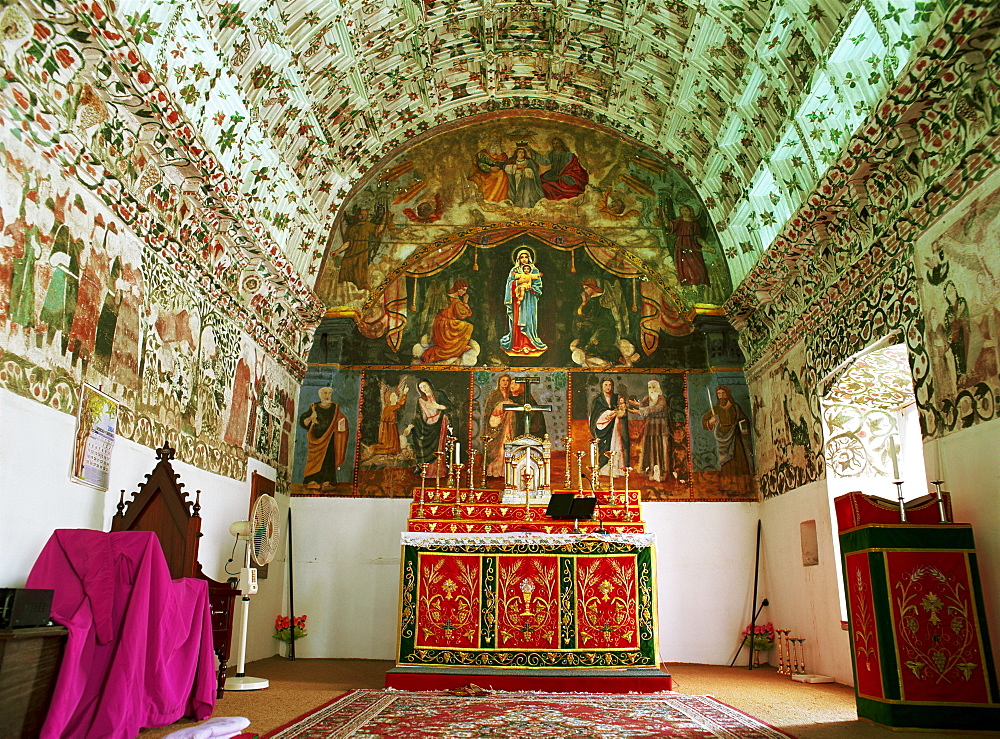 Syrian Christian church, Cheria Palli (small St. Mary's), side wall and barrel vault paintings said to date from 1579 foundation, paintings behind altar are later, Kottayam, Kerala state, India, Asia