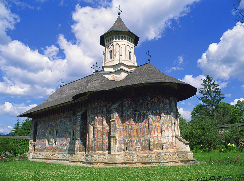 Moldovita Monastery from the southeast, exterior walls painted by Toma of Suceava in 1537, UNESCO World Heritage Site, North West Moldavia (South Bucovina), Romania, Europe